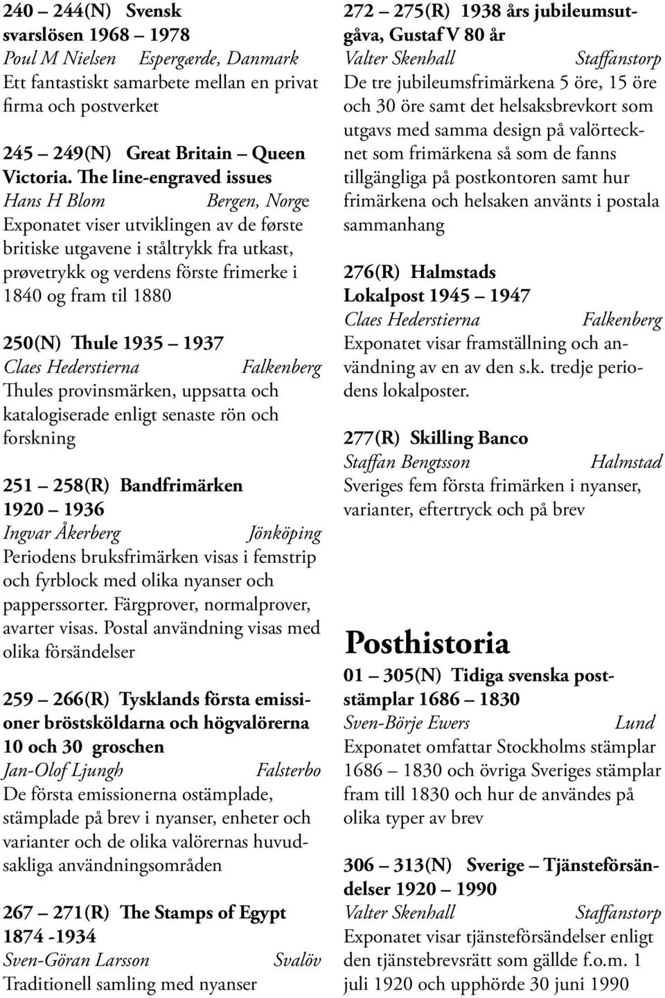 250(N) Thule 1935 1937 Claes Hederstierna Falkenberg Thules provinsmärken, uppsatta och katalogiserade enligt senaste rön och forskning 251 258(R) Bandfrimärken 1920 1936 Ingvar Åkerberg Jönköping