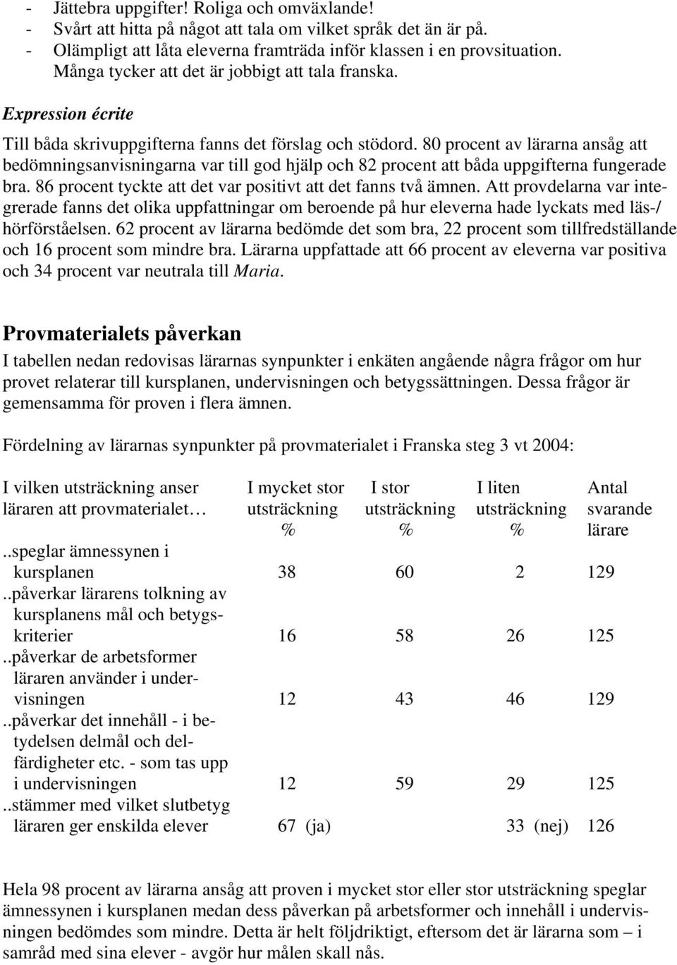 80 procent av lärarna ansåg att bedömningsanvisningarna var till god hjälp och 82 procent att båda uppgifterna fungerade bra. 86 procent tyckte att det var positivt att det fanns två ämnen.