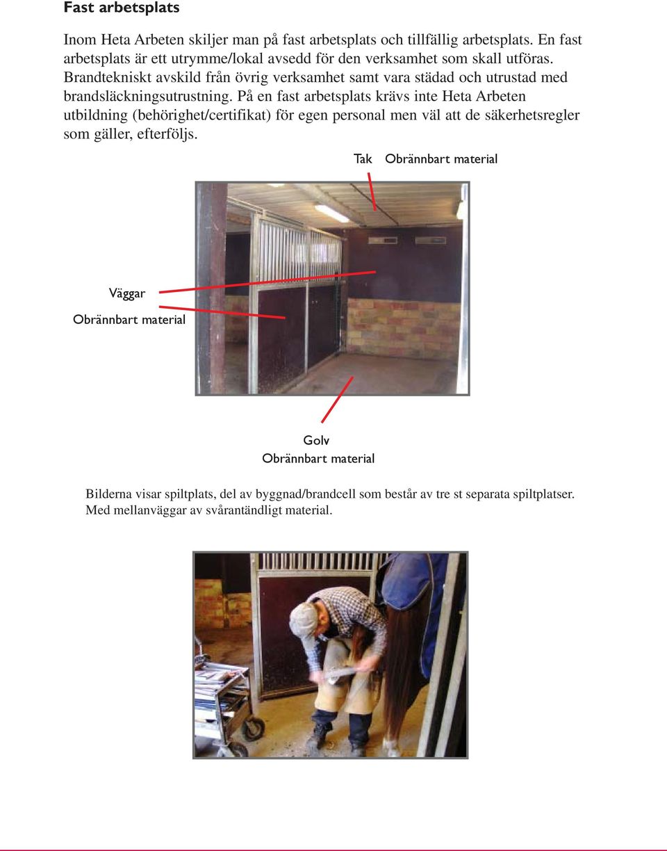 Brandtekniskt avskild från övrig verksamhet samt vara städad och utrustad med brandsläckningsutrustning.