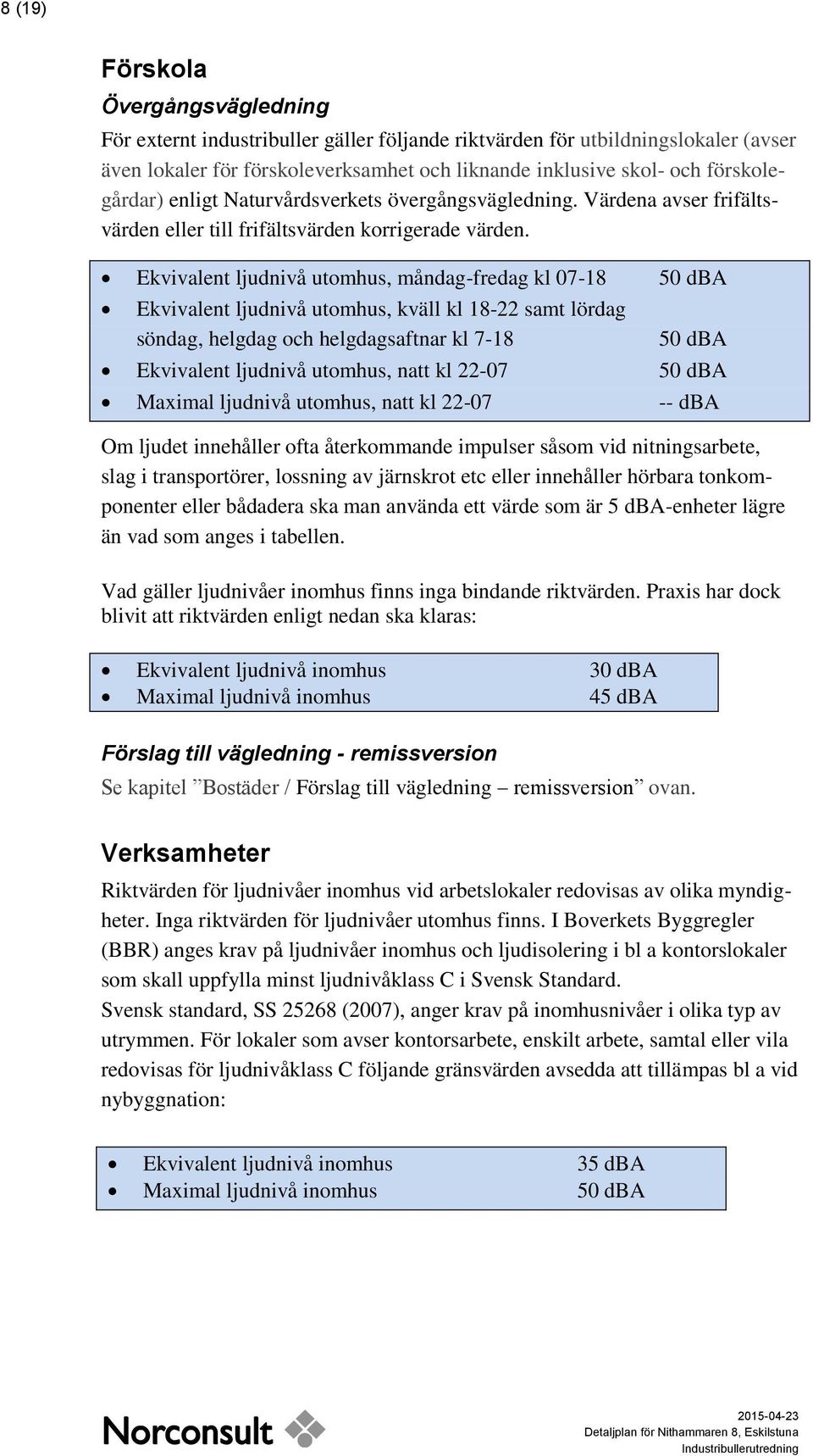 Ekvivalent ljudnivå utomhus, måndag-fredag kl 07-18 50 dba Ekvivalent ljudnivå utomhus, kväll kl 18-22 samt lördag söndag, helgdag och helgdagsaftnar kl 7-18 50 dba Ekvivalent ljudnivå utomhus, natt