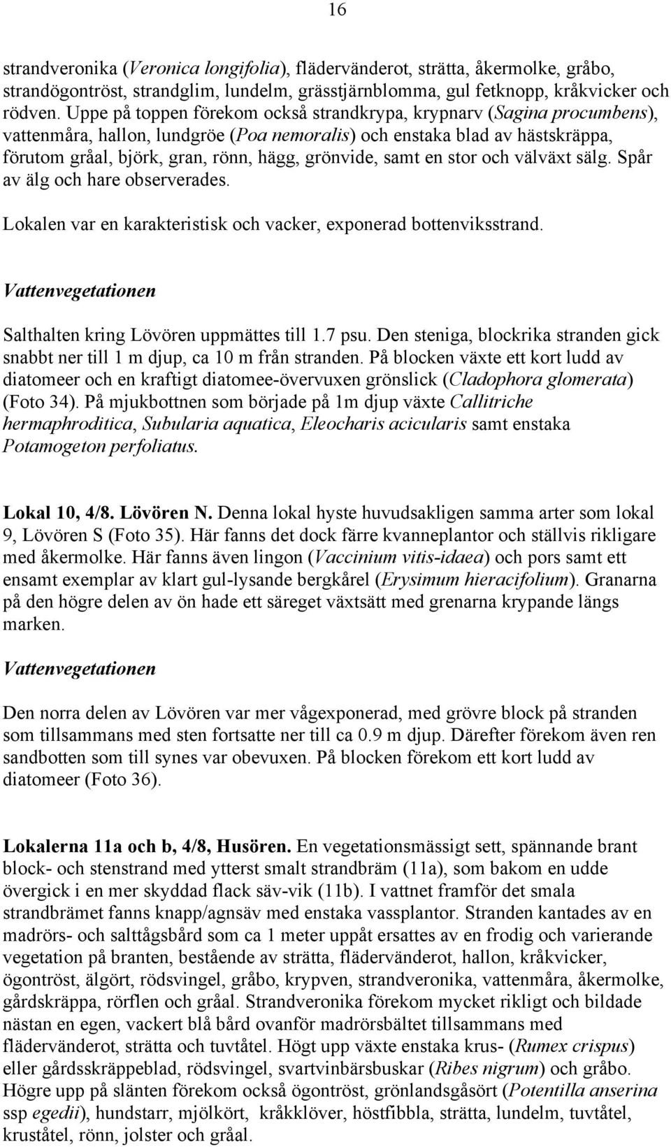 samt en stor och välväxt sälg. Spår av älg och hare observerades. Lokalen var en karakteristisk och vacker, exponerad bottenviksstrand. Vattenvegetationen Salthalten kring Lövören uppmättes till 1.