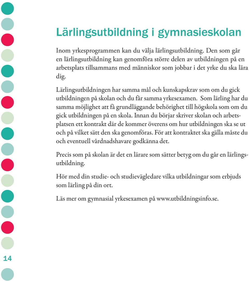 Lärlingsutbildningen har samma mål och kunskapskrav som om du gick utbildningen på skolan och du får samma yrkesexamen.