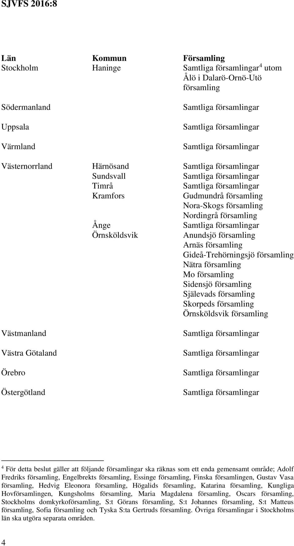 Örnsköldsvik församling Västmanland Västra Götaland Örebro Östergötland 4 För detta beslut gäller att följande församlingar ska räknas som ett enda gemensamt område; Adolf Fredriks församling,