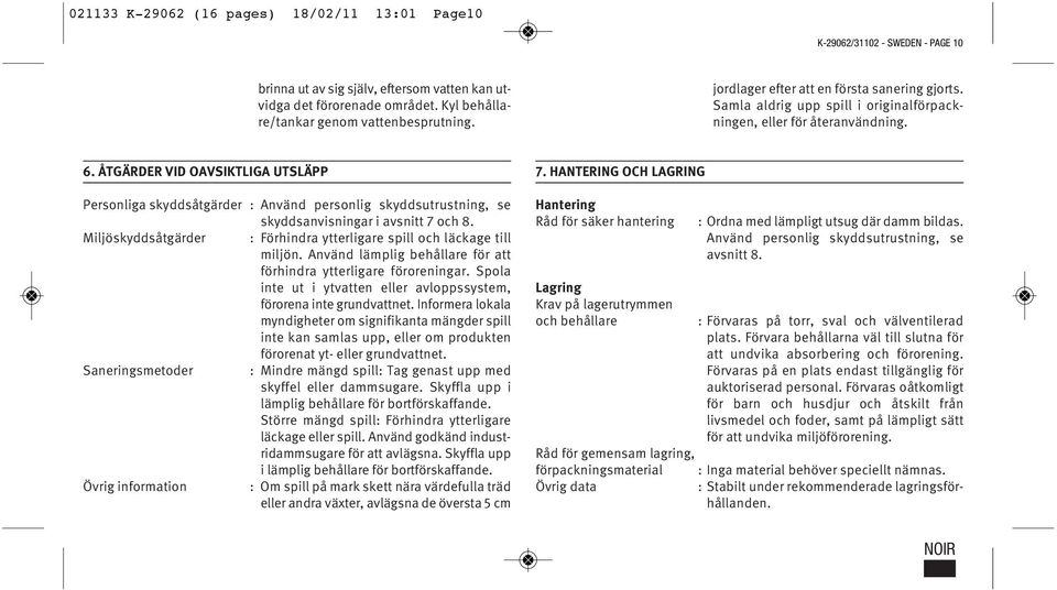 ÅTGÄRDER VID OAVSIKTLIGA UTSLÄPP Personliga skyddsåtgärder : Använd personlig skyddsutrustning, se skyddsanvisningar i avsnitt 7 och 8.