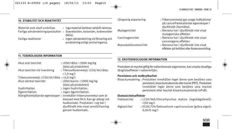 Långvarig exponering Mutagenicitet Carcinogenicitet Reproduktionstoxicitet : Tribenuronmetyl gav svaga indikationer på cancerframkallande egenskaper i djurförsök (honråtta).