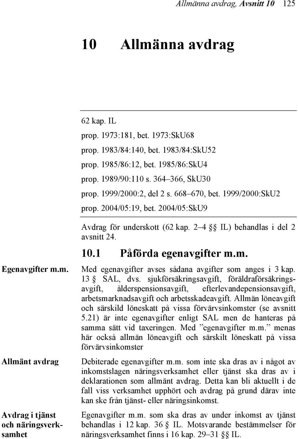 m. Allmänt avdrag Avdrag i tjänst och näringsverksamhet Avdrag för underskott (62 kap. 2 4 IL) behandlas i del 2 avsnitt 24. 10.1 Påförda egenavgifter m.m. Med egenavgifter avses sådana avgifter som anges i 3 kap.