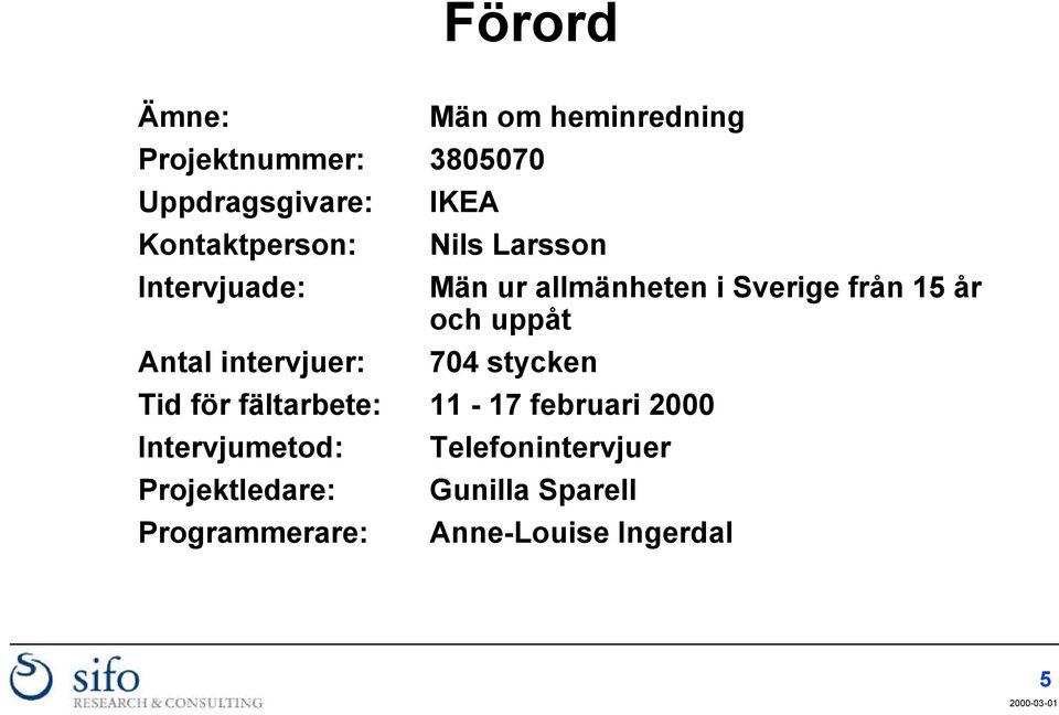 från 15 år och uppåt 704 stycken Tid för fältarbete: 11-17 februari 2000