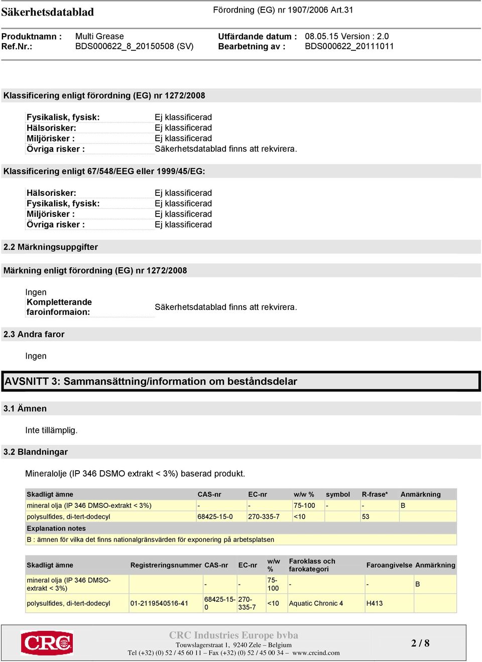 2 Märkningsuppgifter Märkning enligt förordning (EG) nr 1272/2008 Ingen Kompletterande faroinformaion: Säkerhetsdatablad finns att rekvirera. 2.