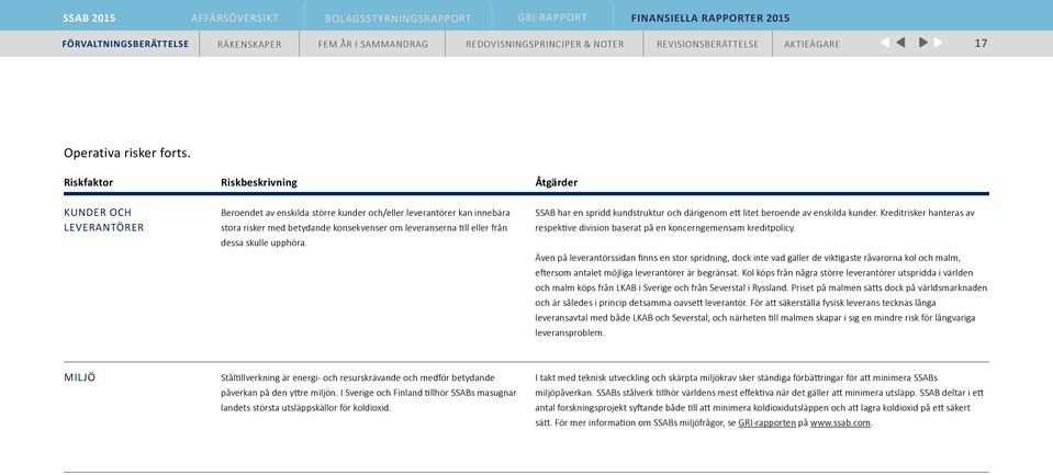 från dessa skulle upphöra. SSAB har en spridd kundstruktur och därigenom ett litet beroende av enskilda kunder. Kreditrisker hanteras av respektive division baserat på en koncerngemensam kreditpolicy.