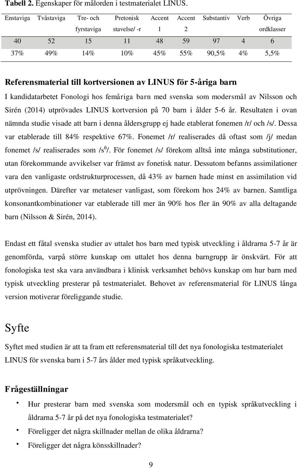 till kortversionen av LINUS för 5-åriga barn I kandidatarbetet Fonologi hos femåriga barn med svenska som modersmål av Nilsson och Sirén (2014) utprövades LINUS kortversion på 70 barn i ålder 5-6 år.