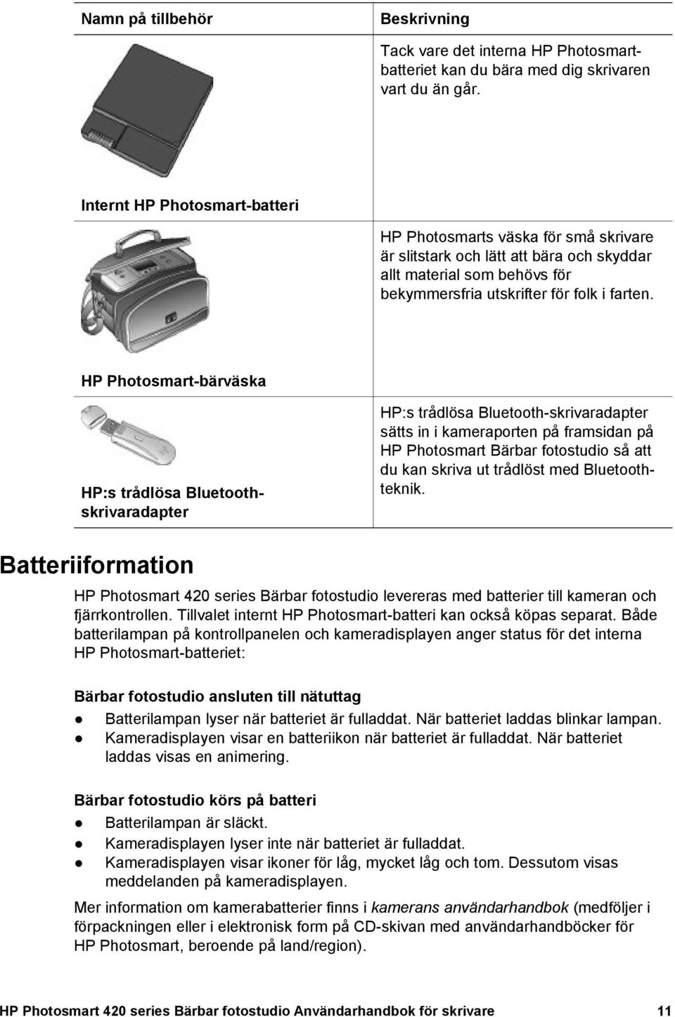 HP Photosmart-bärväska HP:s trådlösa Bluetoothskrivaradapter HP:s trådlösa Bluetooth-skrivaradapter sätts in i kameraporten på framsidan på HP Photosmart Bärbar fotostudio så att du kan skriva ut