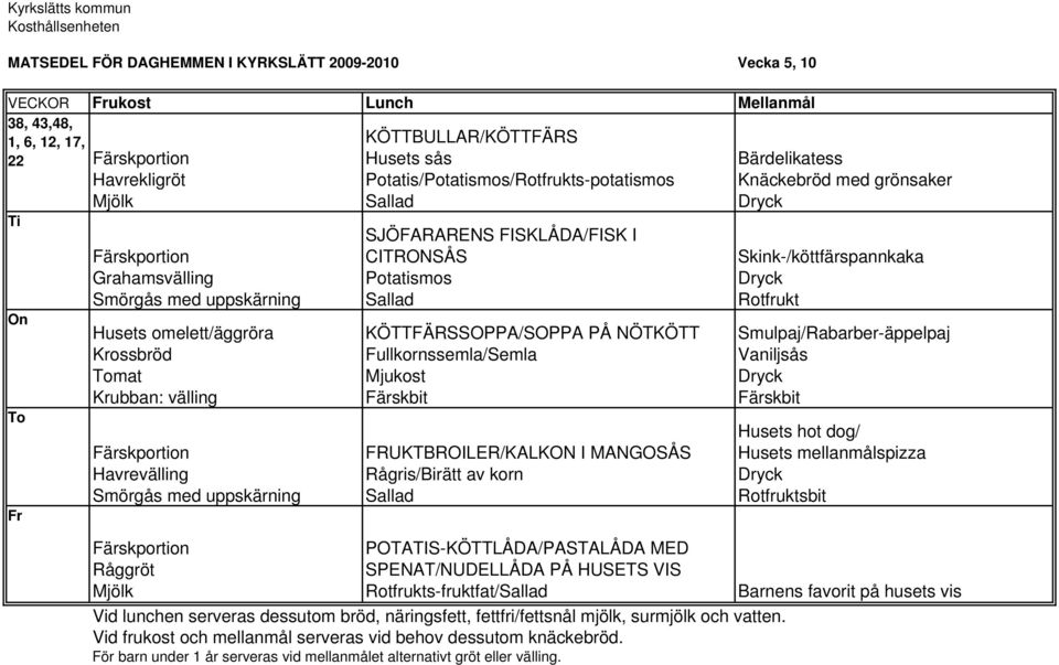 KÖTTFÄRSSOPPA/SOPPA PÅ NÖTKÖTT Smulpaj/Rabarber-äppelpaj Krossbrö d Fullkornssemla/Semla Vaniljsås mat Havrevälling Råggröt FRUKTBROILER/KALKON I MANGOSÅS R