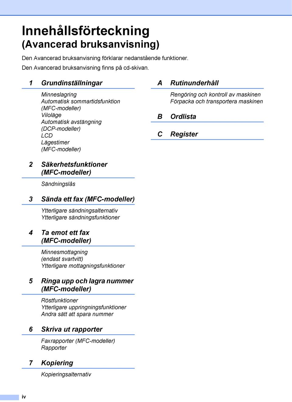 Sändningslås 3 Sända ett fax (MFC-modeller) Ytterligare sändningsalternativ Ytterligare sändningsfunktioner 4 Ta emot ett fax (MFC-modeller) Minnesmottagning (endast svartvitt) Ytterligare