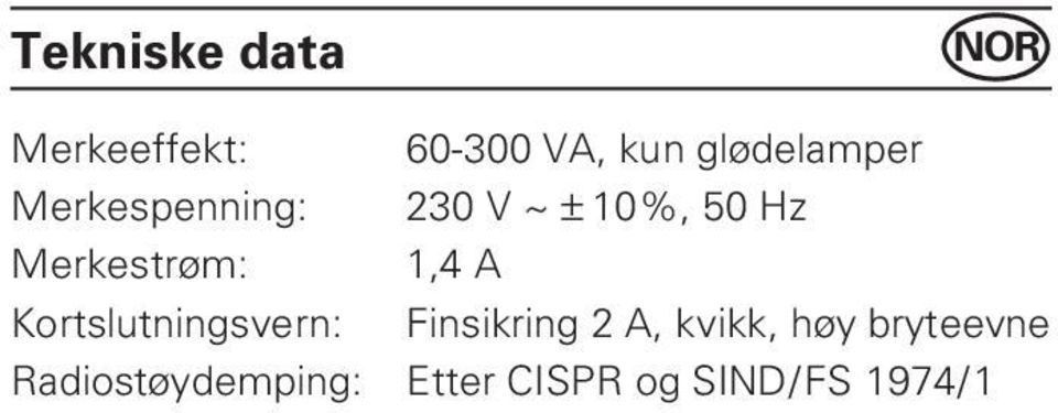 Merkestrøm: 1,4 A Kortslutningsvern: Finsikring 2 A,