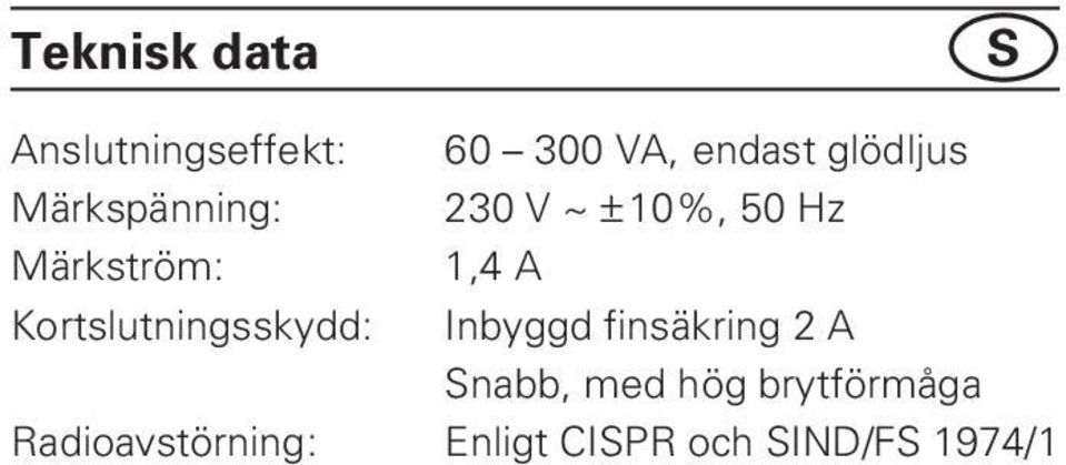 A Kortslutningsskydd: Inbyggd finsäkring 2 A Snabb, med