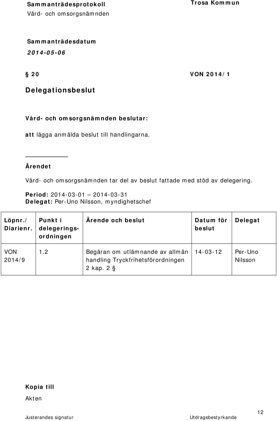 Period: 2014-03-01 2014-03-31 Delegat: Per-Uno Nilsson, myndighetschef Löpnr./ Diarienr.