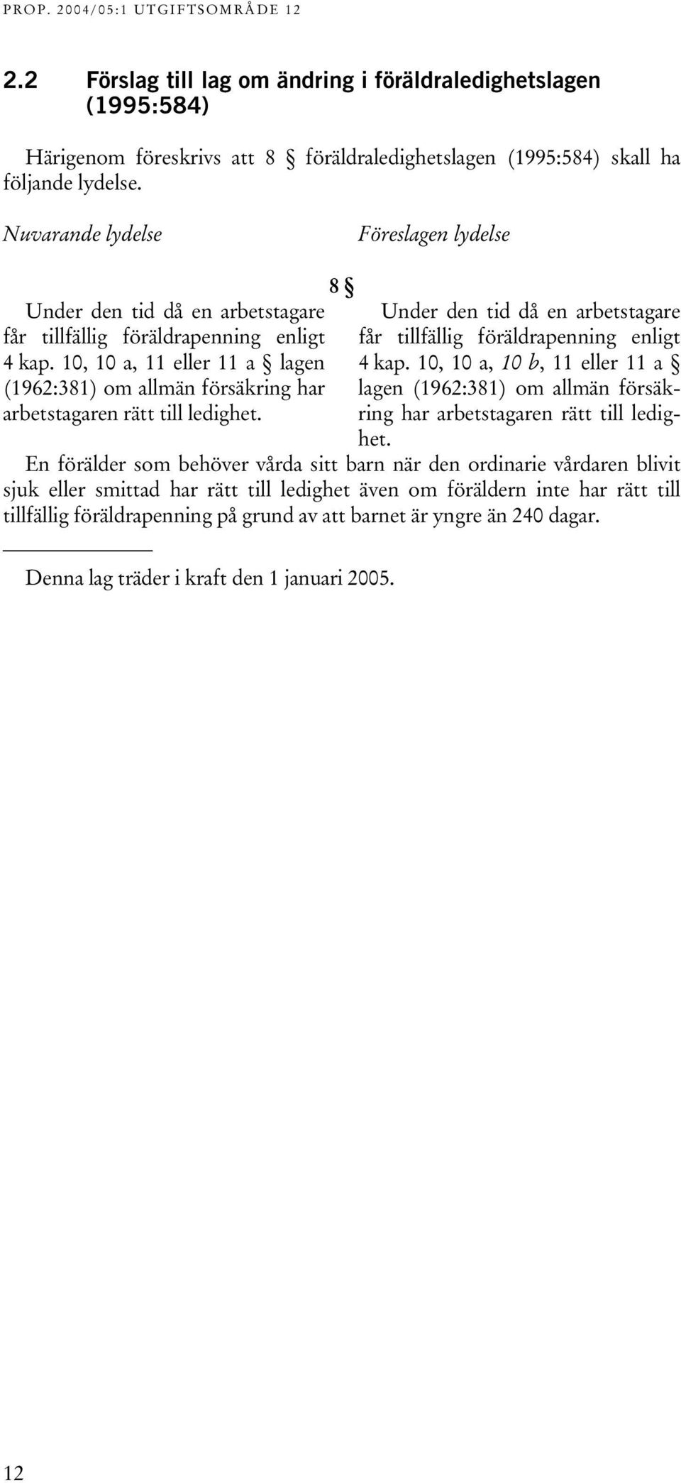 10, 10 a, 11 eller 11 a lagen (1962:381) om allmän försäkring har arbetstagaren rätt till ledighet. Under den tid då en arbetstagare får tillfällig föräldrapenning enligt 4 kap.