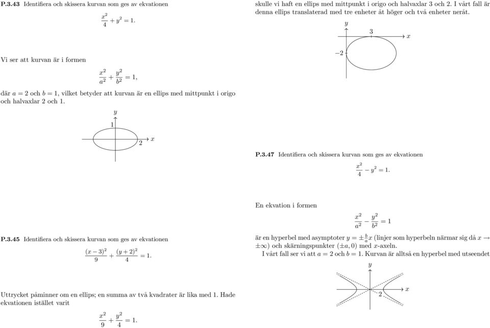 I vårt fall är denna ellips translaterad med tre enheter åt höger och två enheter neråt. 3 P.3.47 Identifiera och skissera kurvan som ges av ekvationen 4 =. P.3.45 Identifiera och skissera kurvan som ges av ekvationen ( 3) + 9 ( + ) 4 =.