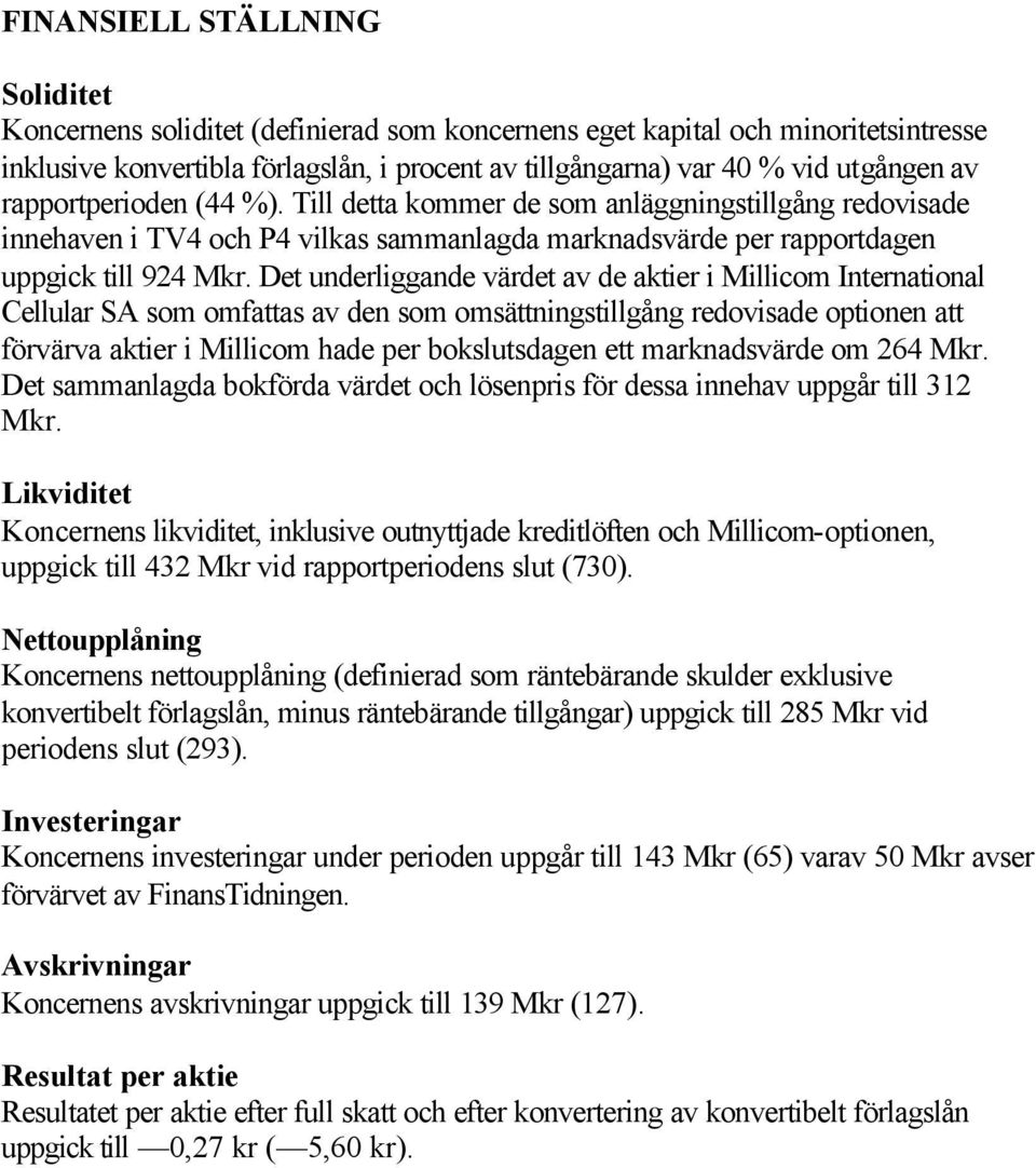 Det underliggande värdet av de aktier i Millicom International Cellular SA som omfattas av den som omsättningstillgång redovisade optionen att förvärva aktier i Millicom hade per bokslutsdagen ett