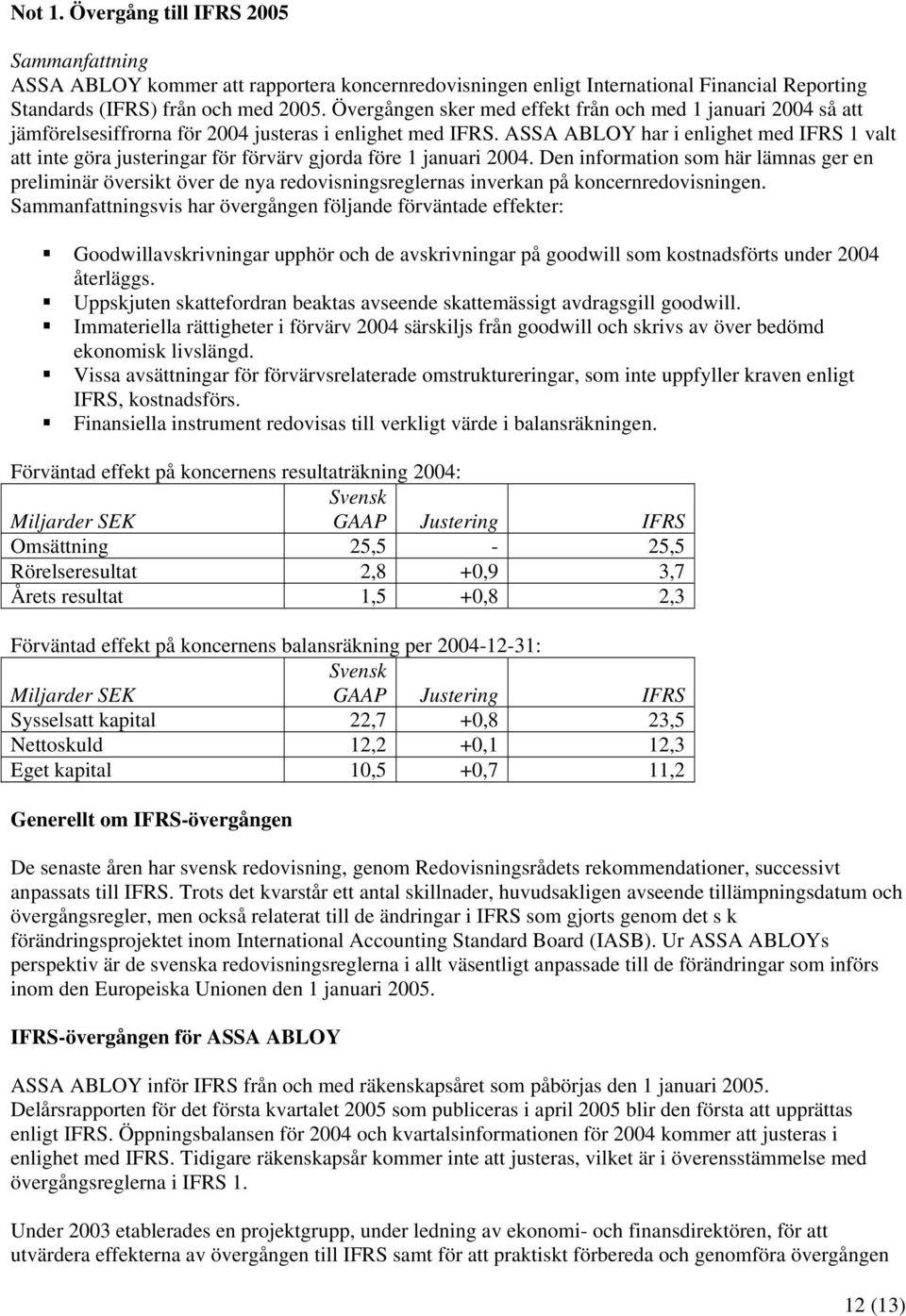 ASSA ABLOY har i enlighet med IFRS 1 valt att inte göra justeringar för förvärv gjorda före 1 januari 2004.