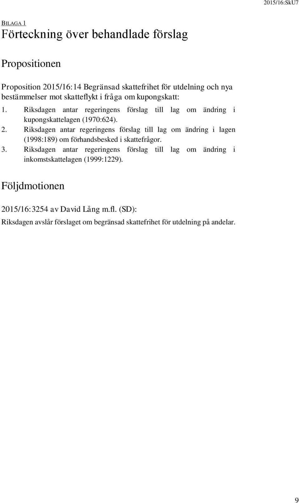 Riksdagen antar regeringens förslag till lag om ändring i lagen (1998:189) om förhandsbesked i skattefrågor. 3.