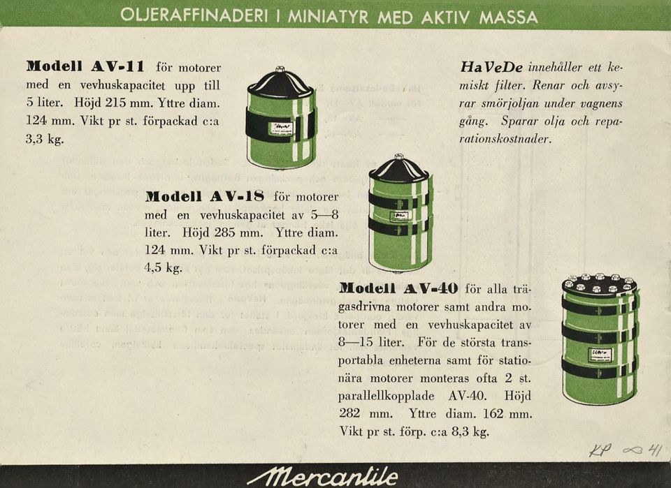 Modell A V- 18 för niotorei med en vevhuskapacitet av s B5 8 liter. Höjd 285 mm. Yttre diam. 124 mm. Vikt pr st. förpackad c:a 4,5 kg.