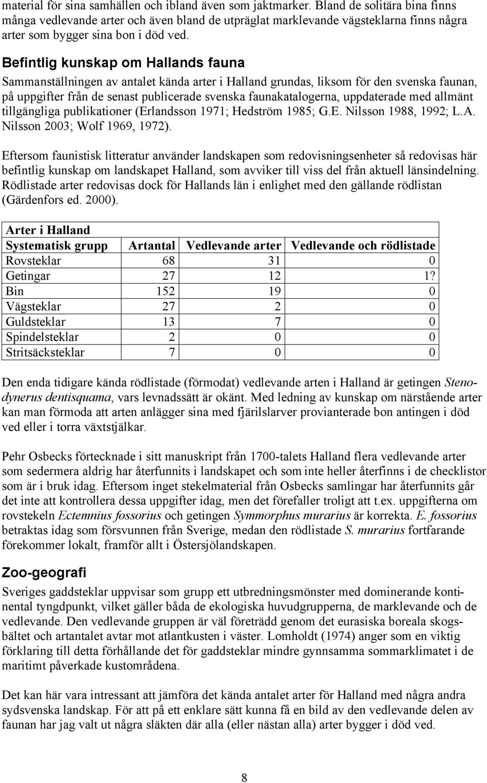 Befintlig kunskap om Hallands fauna Sammanställningen av antalet kända arter i Halland grundas, liksom för den svenska faunan, på uppgifter från de senast publicerade svenska faunakatalogerna,