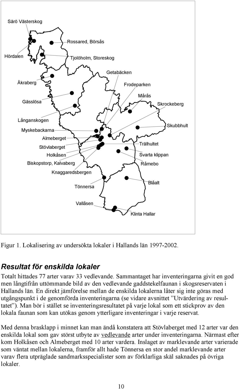 Resultat för enskilda lokaler Totalt hittades 77 arter varav 33 vedlevande.