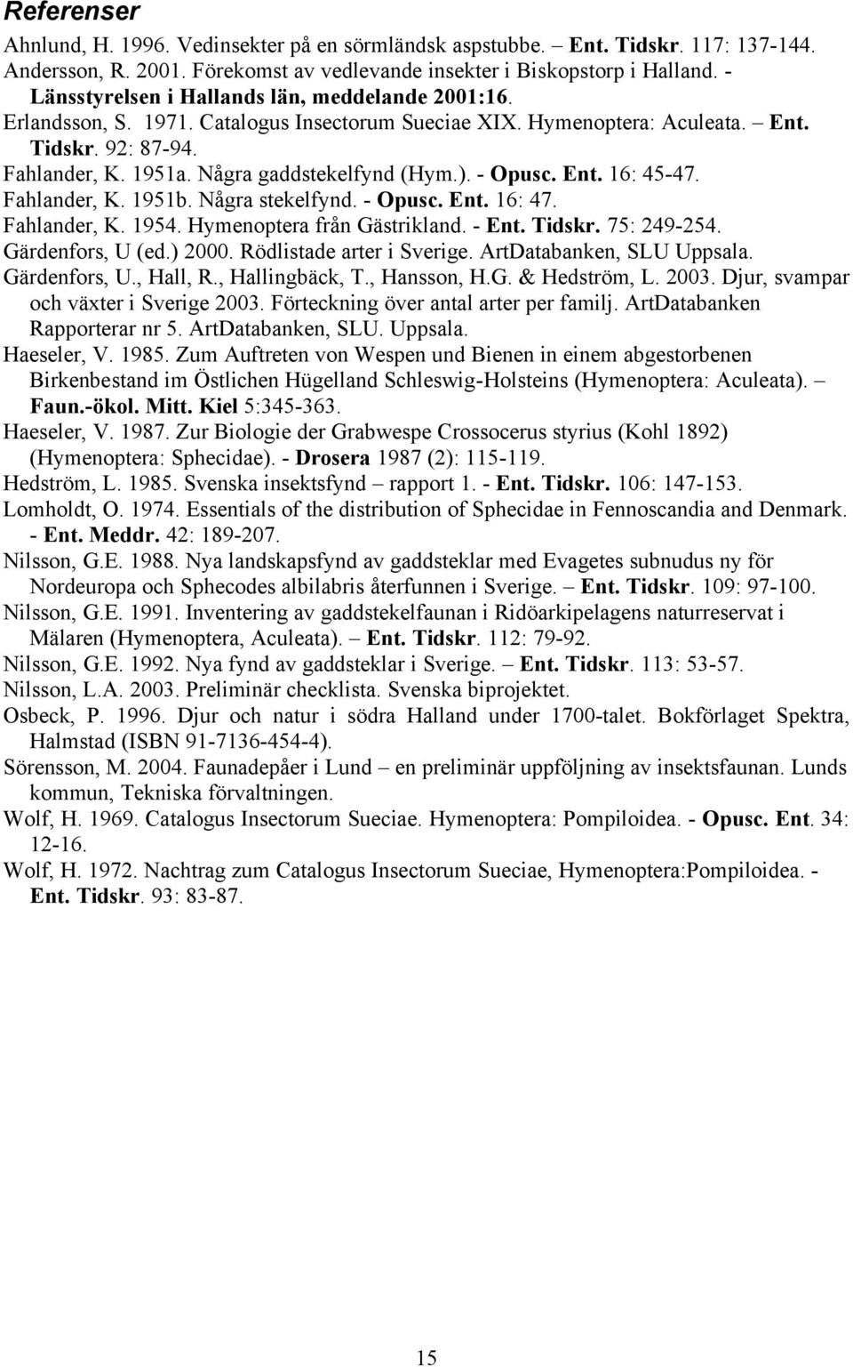 Några gaddstekelfynd (Hym.). - Opusc. Ent. 16: 45-47. Fahlander, K. 1951b. Några stekelfynd. - Opusc. Ent. 16: 47. Fahlander, K. 1954. Hymenoptera från Gästrikland. - Ent. Tidskr. 75: 249-254.