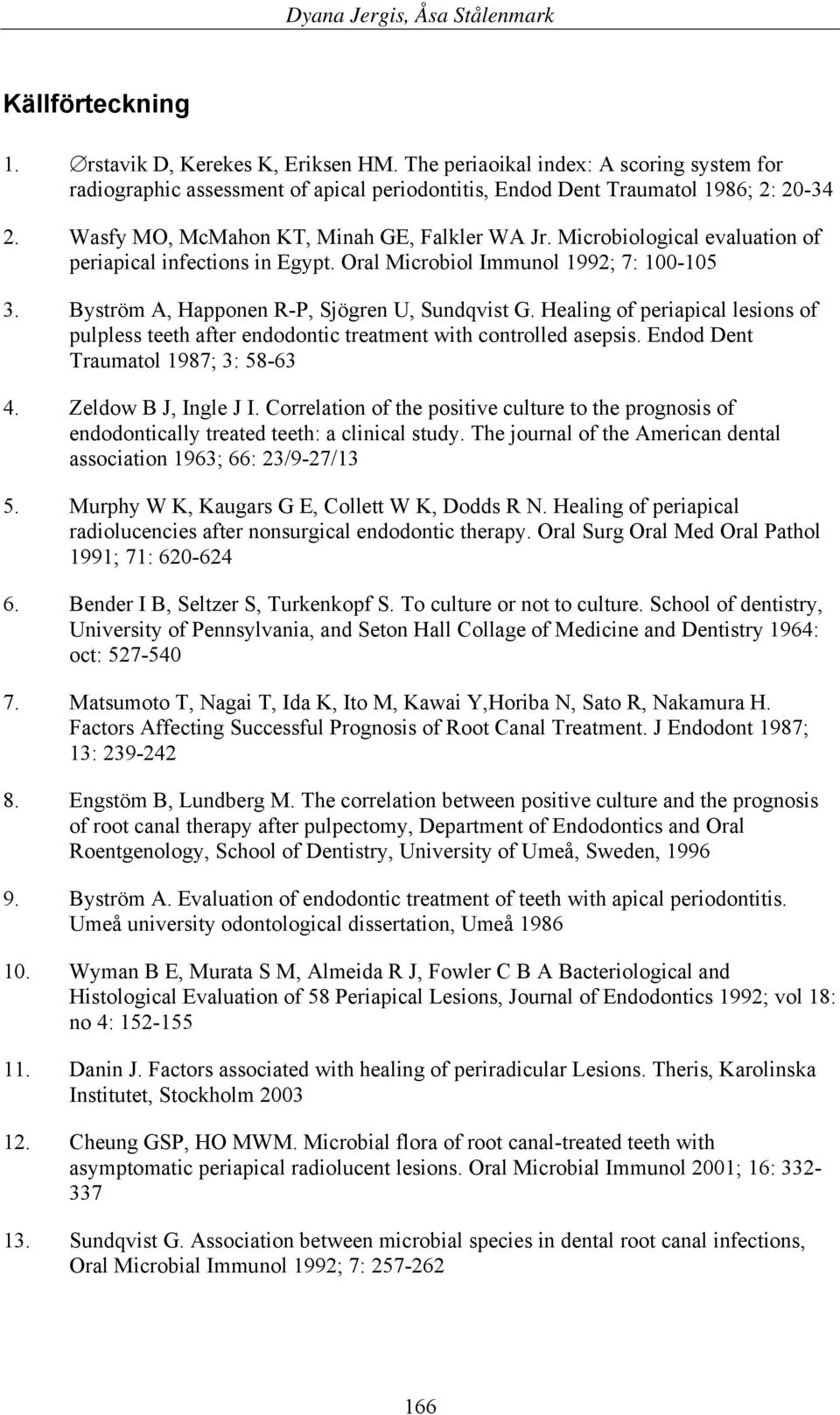 Healing of periapical lesions of pulpless teeth after endodontic treatment with controlled asepsis. Endod Dent Traumatol 1987; 3: 58-63 4. Zeldow B J, Ingle J I.