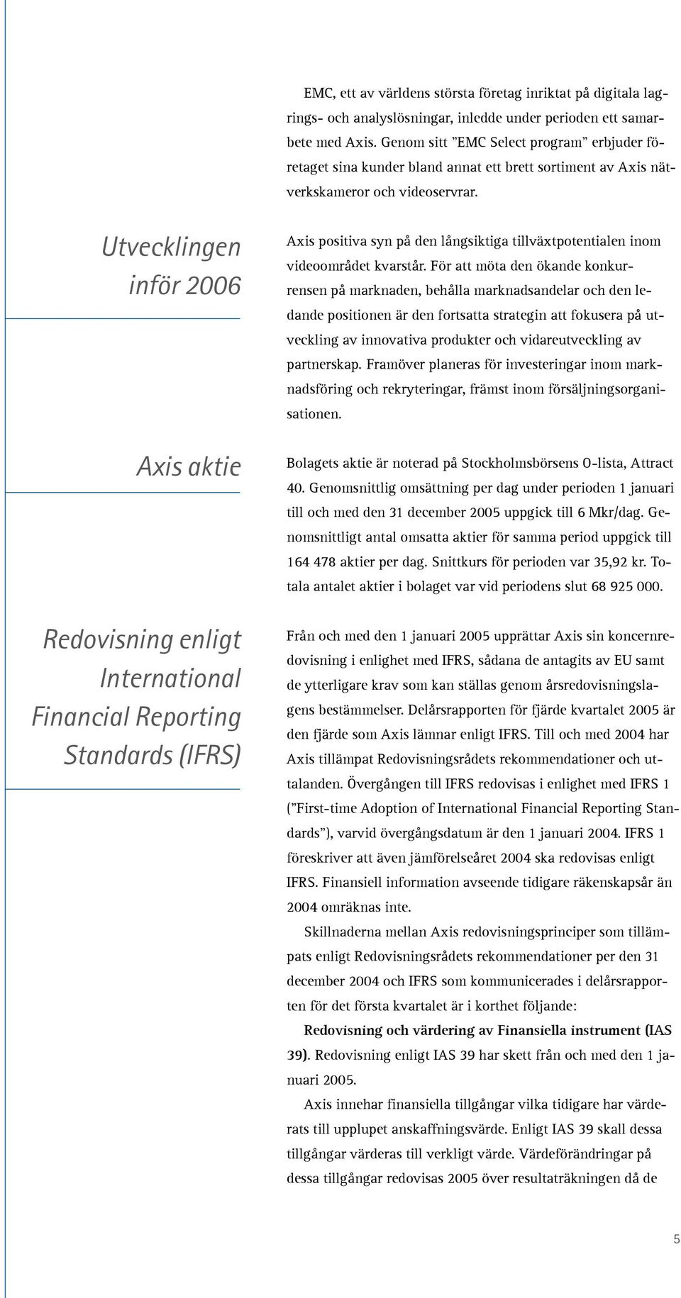 Utvecklingen inför 2006 Axis aktie Redovisning enligt International Financial Reporting Standards () Axis positiva syn på den långsiktiga tillväxtpotentialen inom videoområdet kvarstår.