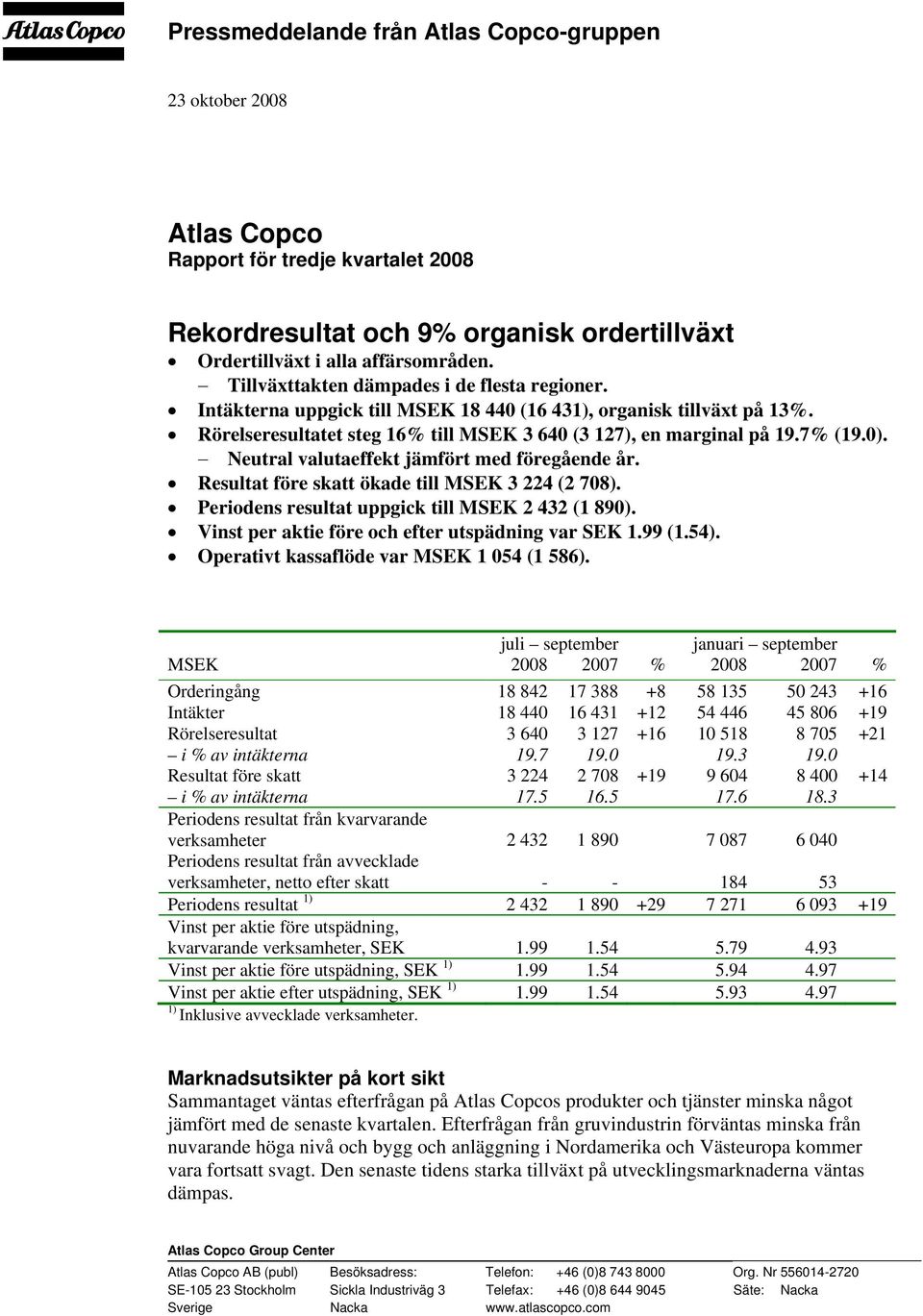 Neutral valutaeffekt jämfört med föregående år. Resultat före skatt ökade till MSEK 3 224 (2 708). Periodens resultat uppgick till MSEK 2 432 (1 890).