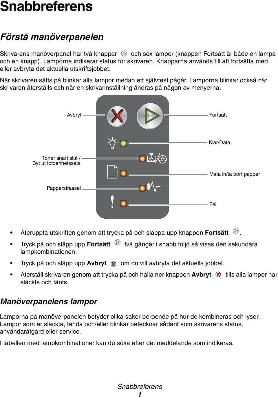 Lamporna blinkar också när skrivaren återställs och när en skrivarinställning ändras på någon av menyerna.