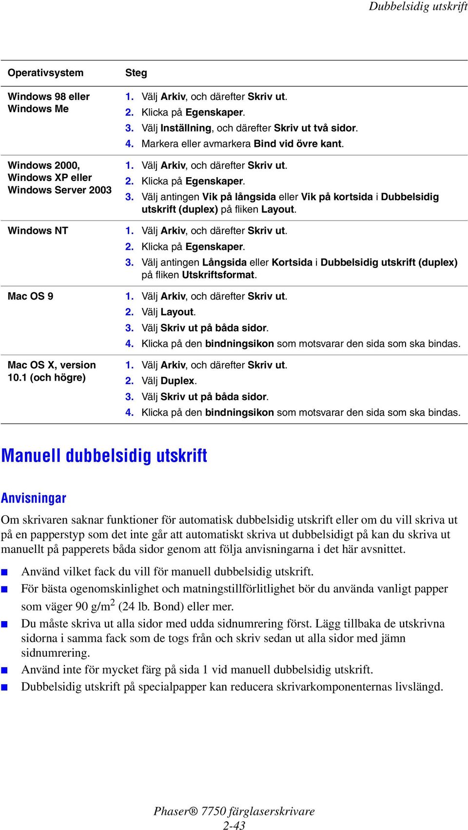 Välj antingen Vik på långsida eller Vik på kortsida i Dubbelsidig utskrift (duplex) på fliken Layout. Windows NT 1. Välj Arkiv, och därefter Skriv ut. 2. Klicka på Egenskaper. 3.