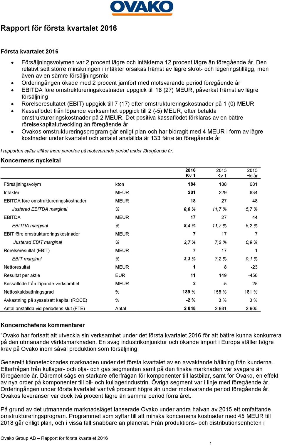 period föregående år EBITDA före omstruktureringskostnader uppgick till 18 (27), påverkat främst av lägre försäljning Rörelseresultatet (EBIT) uppgick till 7 (17) efter omstruktureringskostnader på 1