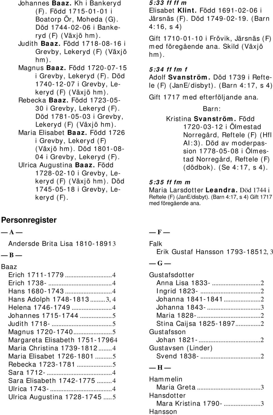 Maria Elisabet Baaz. Född 1726 i Grevby, Lekeryd (F) (Växjö hm). Död 1801-08- 04 i Grevby, Lekeryd (F). Ulrica Augustina Baaz. Född 1728-02-10 i Grevby, Lekeryd (F) (Växjö hm).