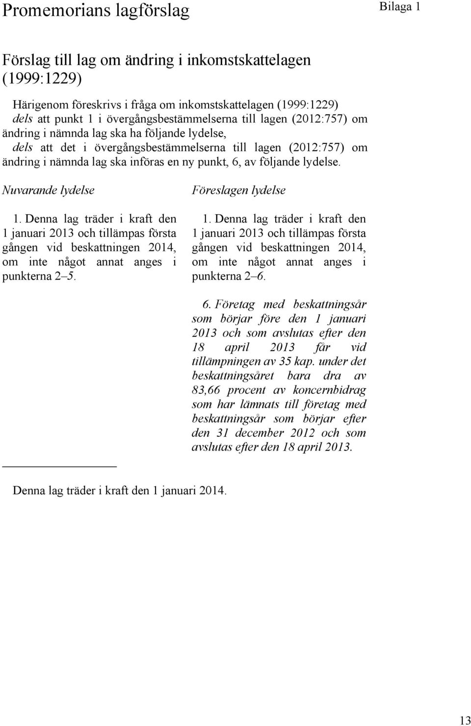 lydelse. Nuvarande lydelse 1. Denna lag träder i kraft den 1 januari 2013 och tillämpas första gången vid beskattningen 2014, om inte något annat anges i punkterna 2 5. Föreslagen lydelse 1.