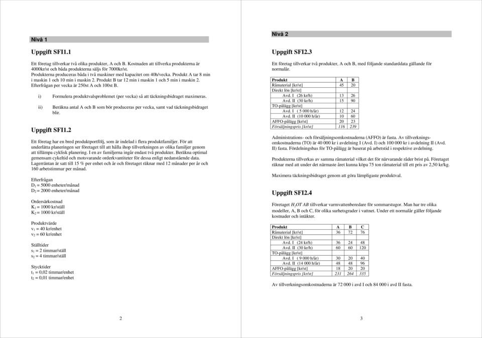 ) Formulera produktvalsproblemet (per vecka) så att täcknngsbdraget maxmeras. ) Uppgft SFI. Beräkna antal A och B som bör produceras per vecka, samt vad täcknngsbdraget blr.