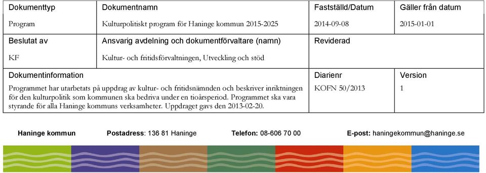 på uppdrag av kultur- och fritidsnämnden och beskriver inriktningen för den kulturpolitik som kommunen ska bedriva under en tioårsperiod.