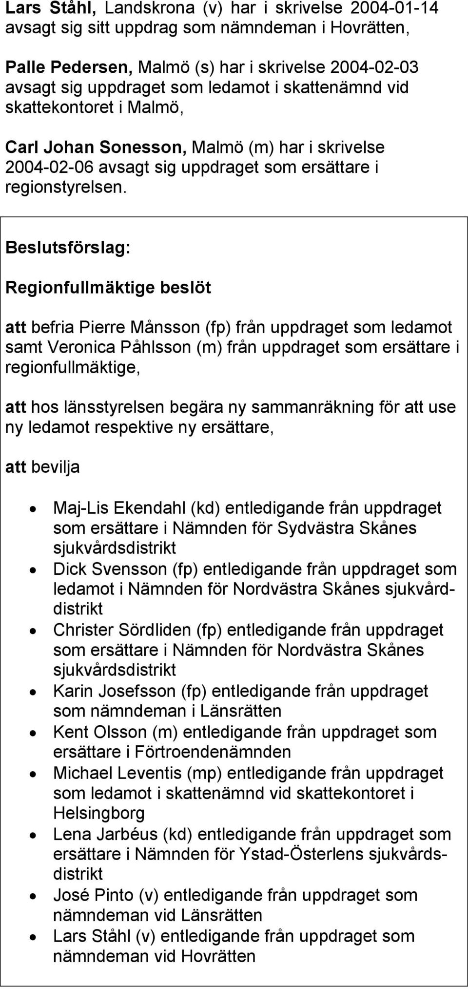 Beslutsförslag: Regionfullmäktige beslöt att befria Pierre Månsson (fp) från uppdraget som ledamot samt Veronica Påhlsson (m) från uppdraget som ersättare i regionfullmäktige, att hos länsstyrelsen