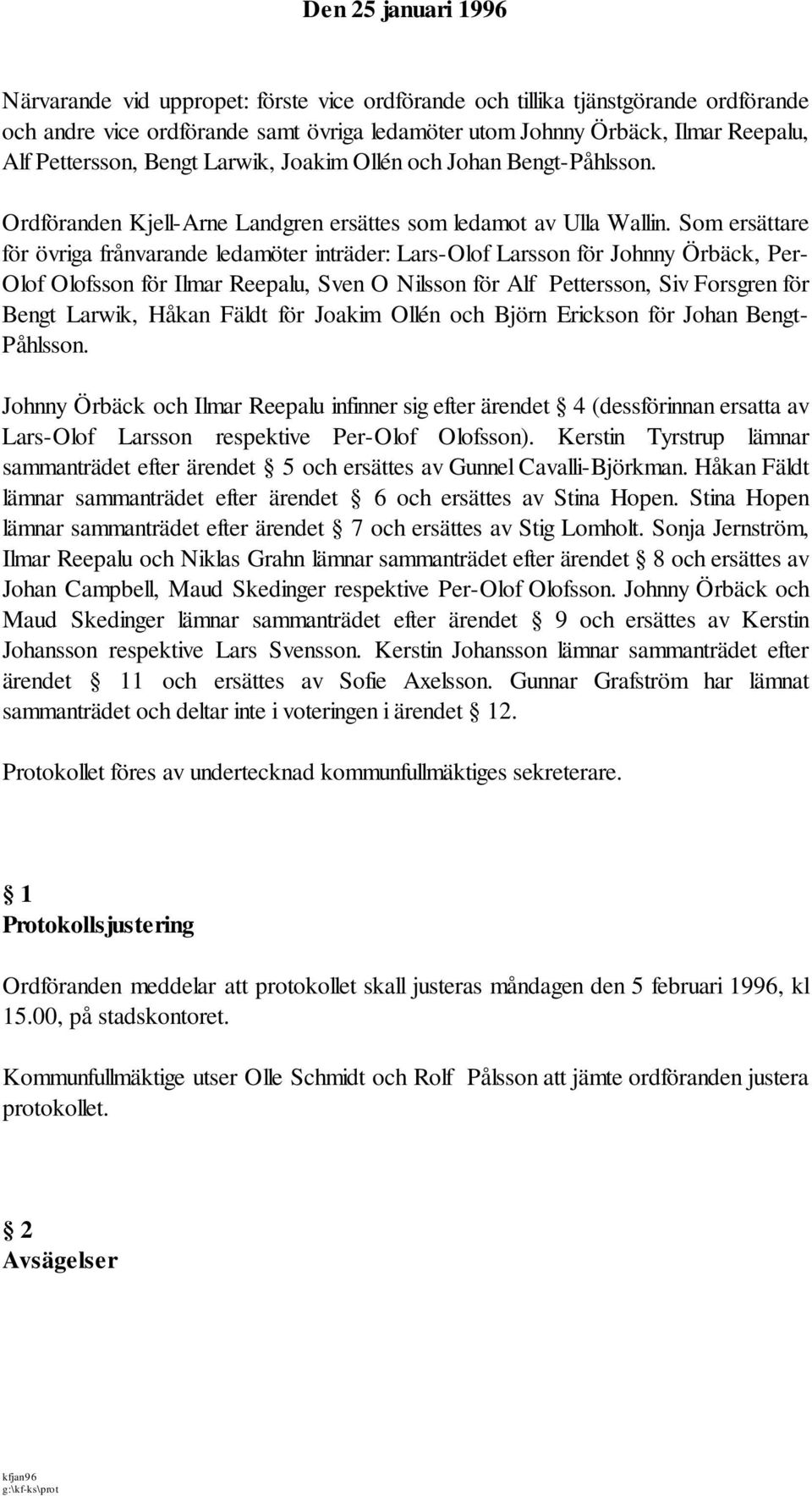 Som ersättare för övriga frånvarande ledamöter inträder: Lars-Olof Larsson för Johnny Örbäck, Per- Olof Olofsson för Ilmar Reepalu, Sven O Nilsson för Alf Pettersson, Siv Forsgren för Bengt Larwik,