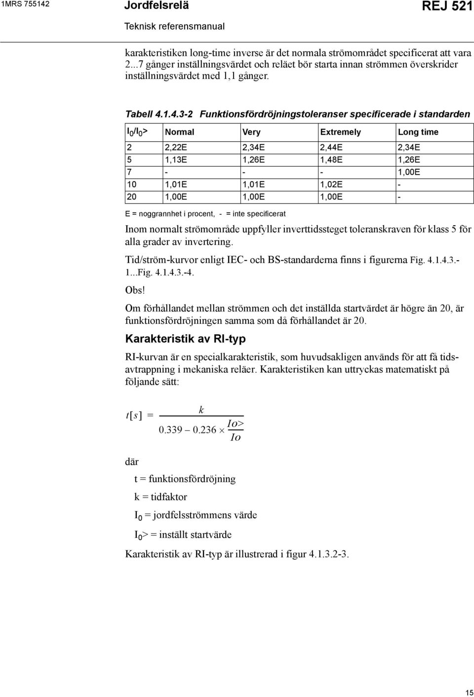 1.4.3-2 Funktionsfördröjningstoleranser specificerade i standarden I 0 /I 0 > Normal Very Extremely Long time 2 2,22E 2,34E 2,44E 2,34E 5 1,13E 1,26E 1,48E 1,26E 7 - - - 1,00E 10 1,01E 1,01E 1,02E -