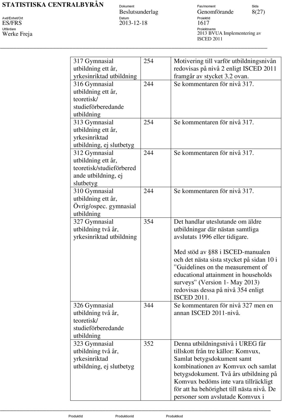 gymnasial utbildning 327 Gymnasial utbildning två år, yrkesinriktad utbildning 254 Motivering till varför utbildningsnivån redovisas på nivå 2 enligt framgår av stycket 3.2 ovan.