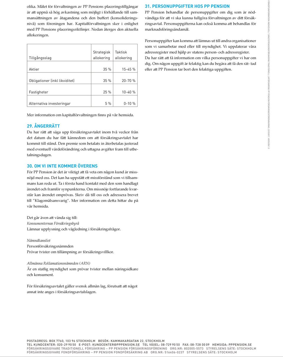 föreningen har. Kapitalförvaltningen sker i enlighet med PP Pensions placeringsriktlinjer. Nedan återges den aktuella allokeringen.