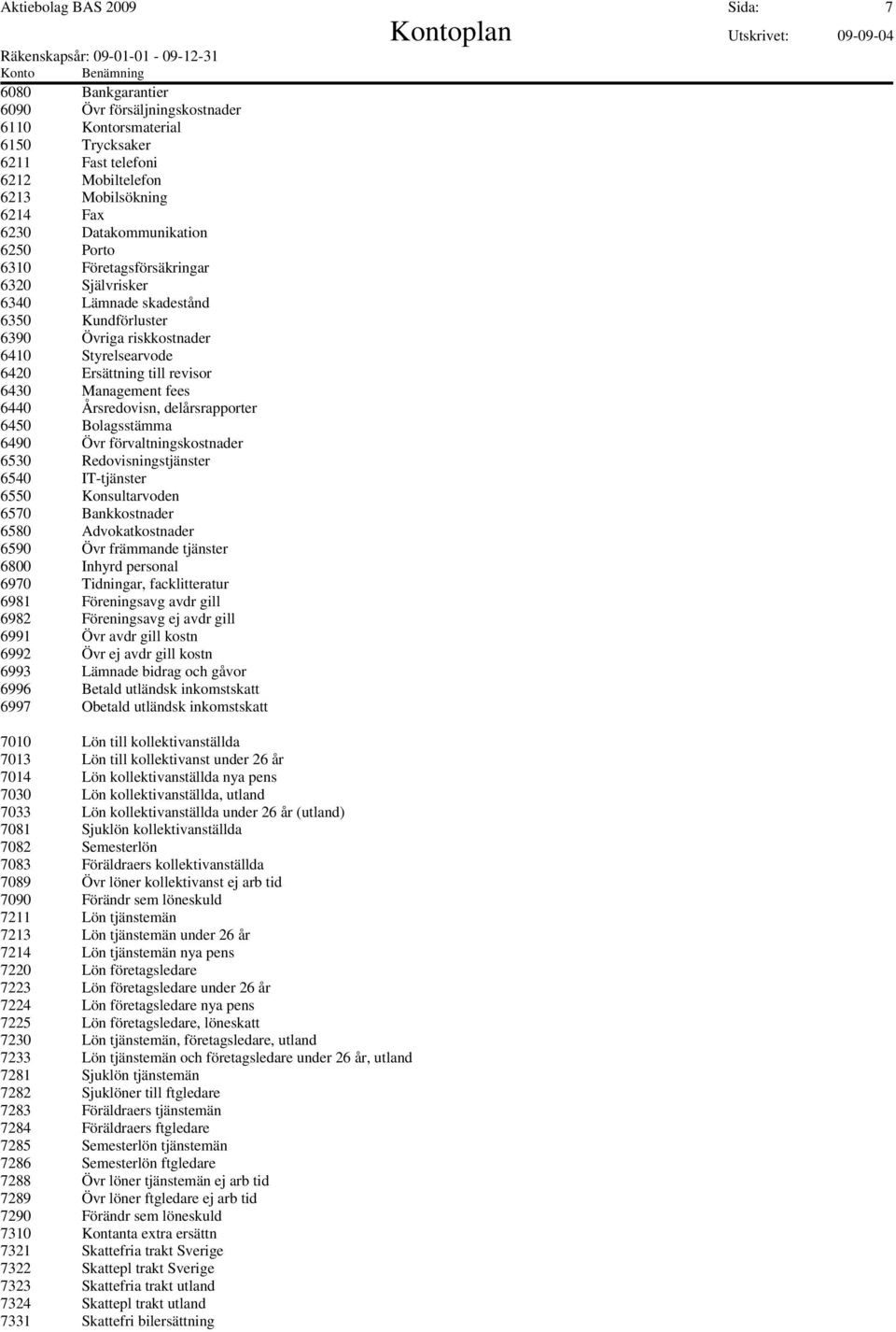 Management fees 6440 Årsredovisn, delårsrapporter 6450 Bolagsstämma 6490 Övr förvaltningskostnader 6530 Redovisningstjänster 6540 IT-tjänster 6550 Konsultarvoden 6570 Bankkostnader 6580