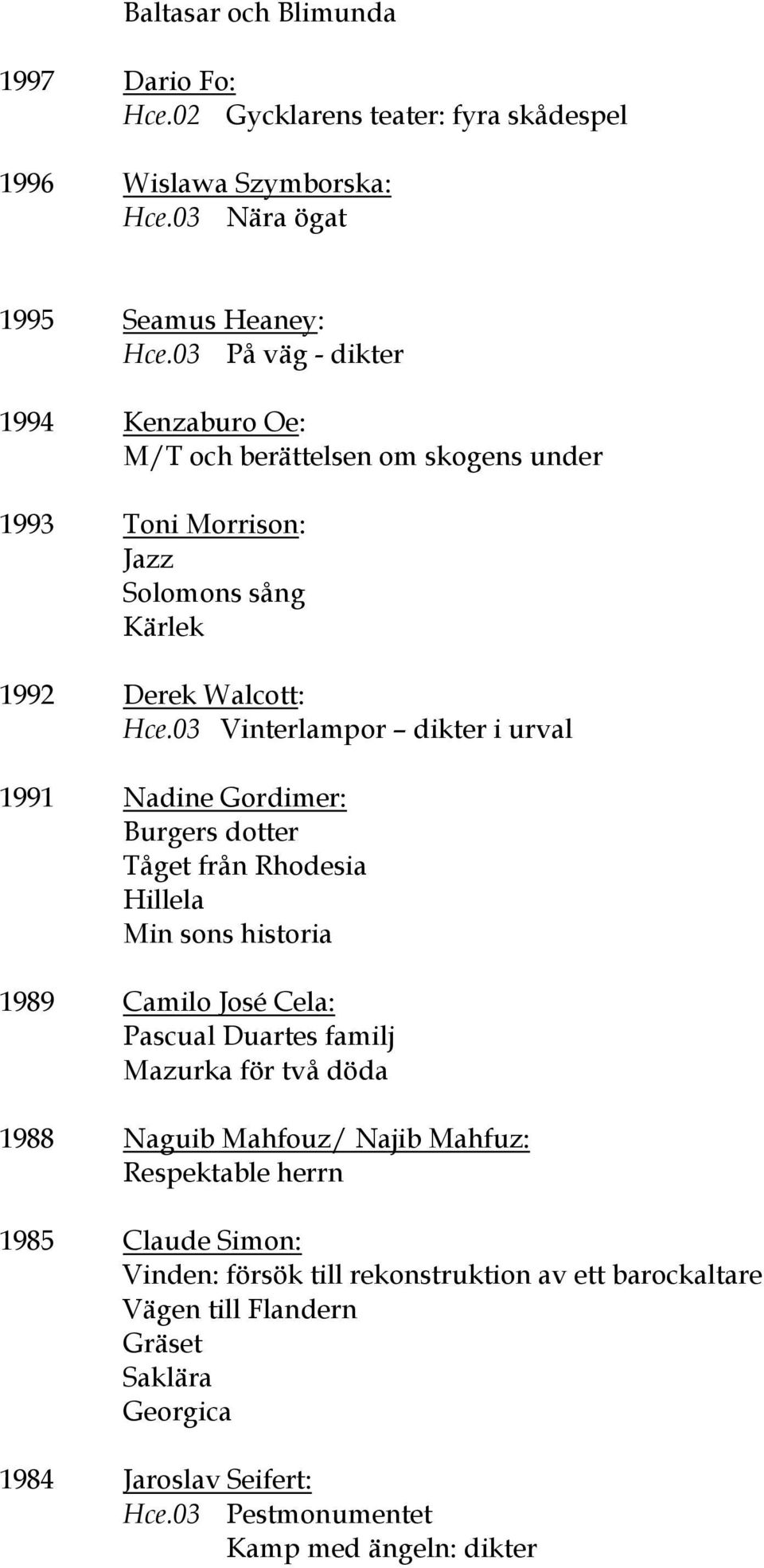 03 Vinterlampor dikter i urval 1991 Nadine Gordimer: Burgers dotter Tåget från Rhodesia Hillela Min sons historia 1989 Camilo José Cela: Pascual Duartes familj Mazurka för två