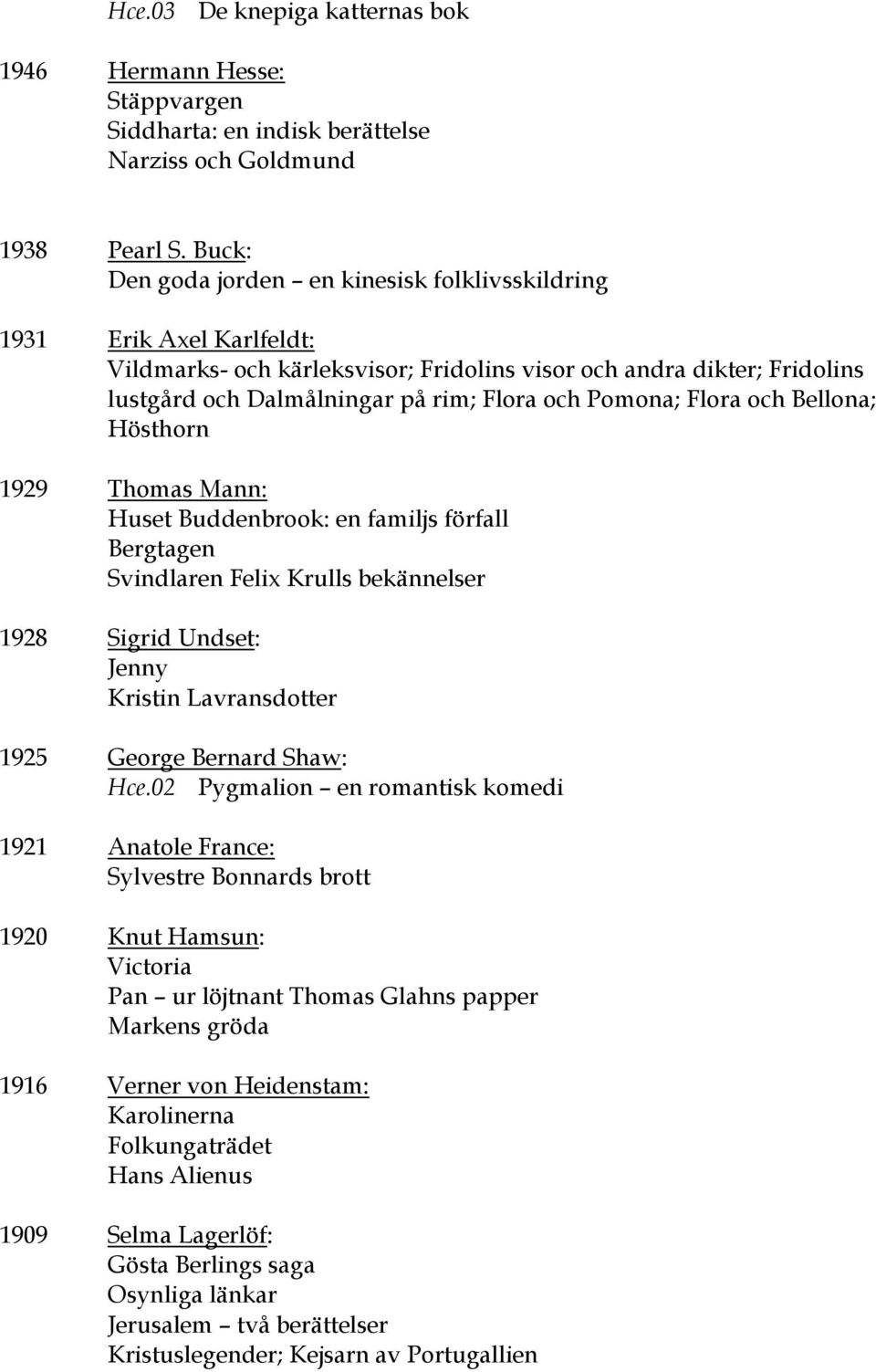 Pomona; Flora och Bellona; Hösthorn 1929 Thomas Mann: Huset Buddenbrook: en familjs förfall Bergtagen Svindlaren Felix Krulls bekännelser 1928 Sigrid Undset: Jenny Kristin Lavransdotter 1925 George