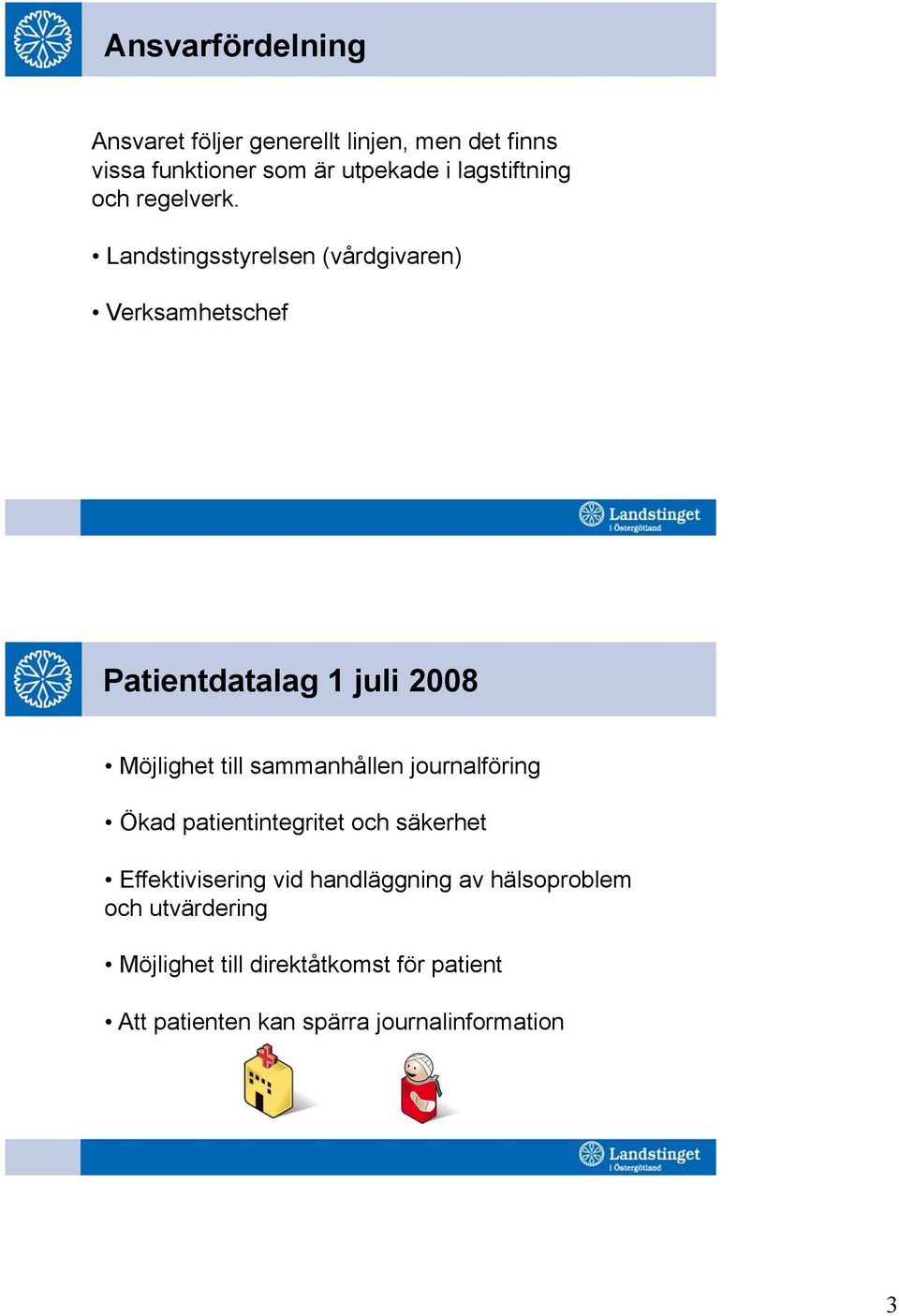 Landstingsstyrelsen (vårdgivaren) Verksamhetschef Patientdatalag 1 juli 2008 Möjlighet till sammanhållen