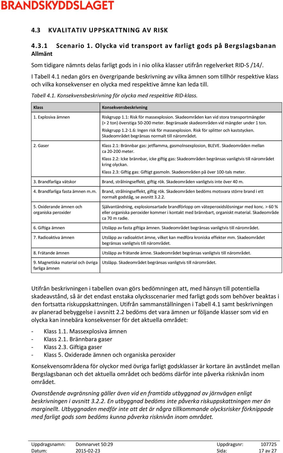 1 nedan görs en övergripande beskrivning av vilka ämnen som tillhör respektive klass och vilka konsekvenser en olycka med respektive ämne kan leda till. Tabell 4.1. Konsekvensbeskrivning för olycka med respektive RID-klass.