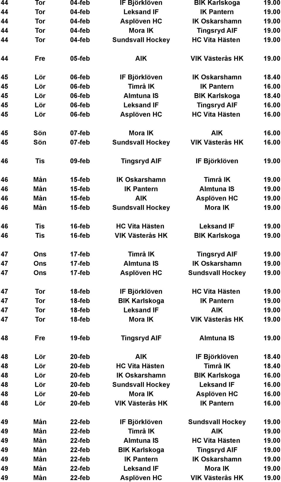 00 45 Lör 06-feb Almtuna IS BIK Karlskoga 18.40 45 Lör 06-feb Leksand IF Tingsryd AIF 16.00 45 Lör 06-feb Asplöven HC HC Vita Hästen 16.00 45 Sön 07-feb Mora IK AIK 16.